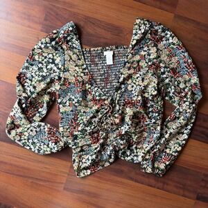 HM Women Black Floral Smocked Back Tie Front V-Neck Puff Sleeve Blouse‎ Size M